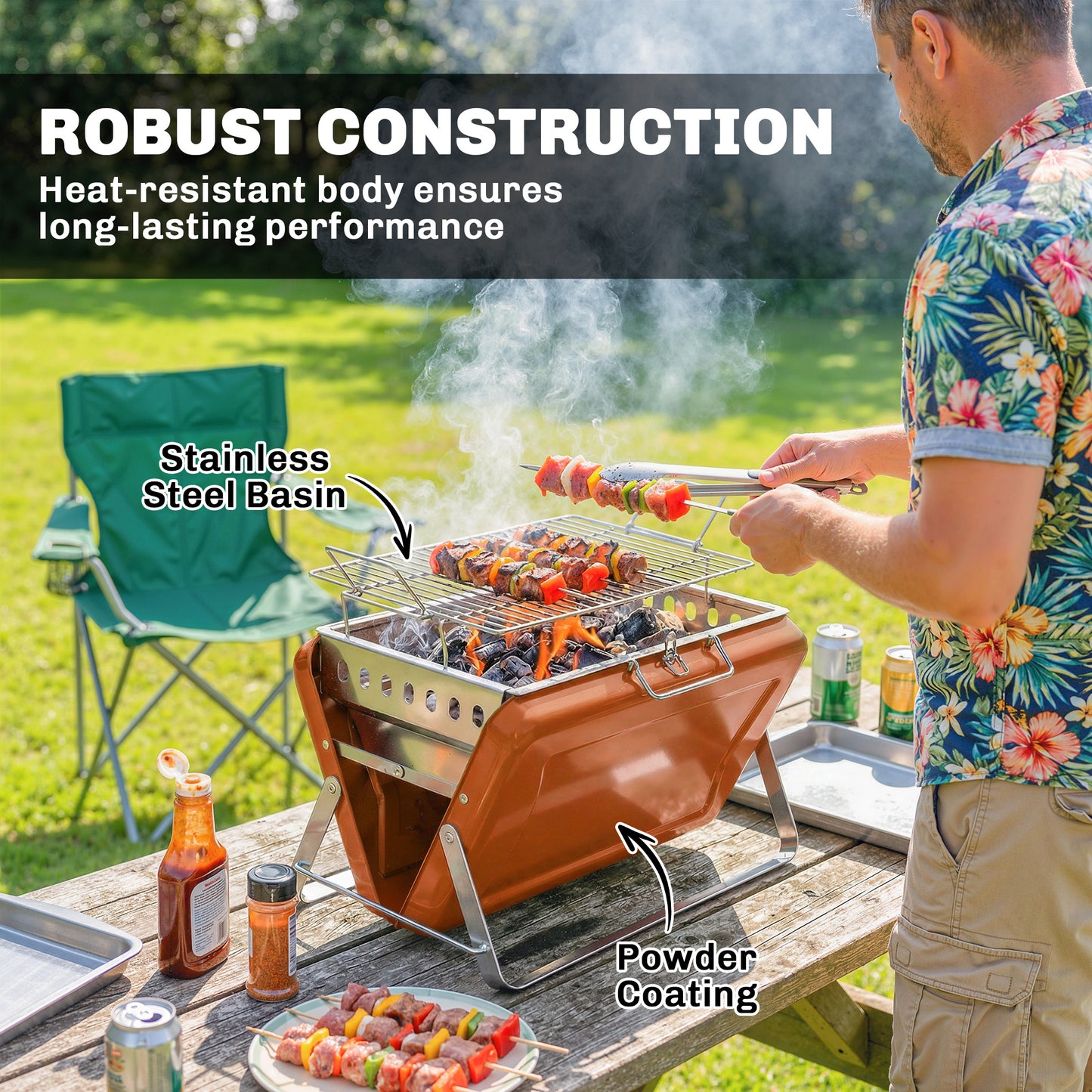 Outsunny Portable Charcoal BBQ Grill Stainless Steel Tilting Grate For Camping Picnic Garden Orange