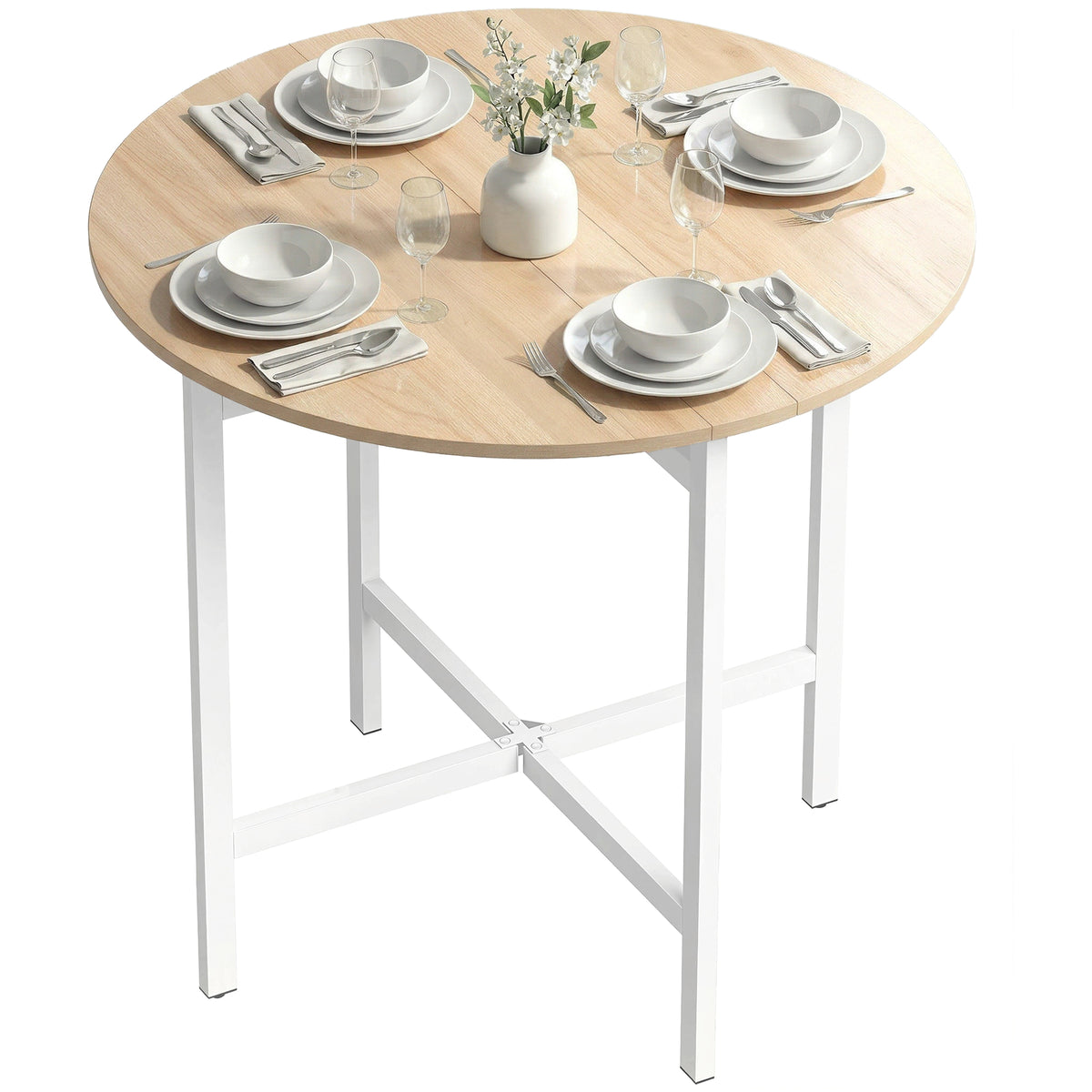 Natural wood folding drop-leaf dining table with white legs and round tabletop