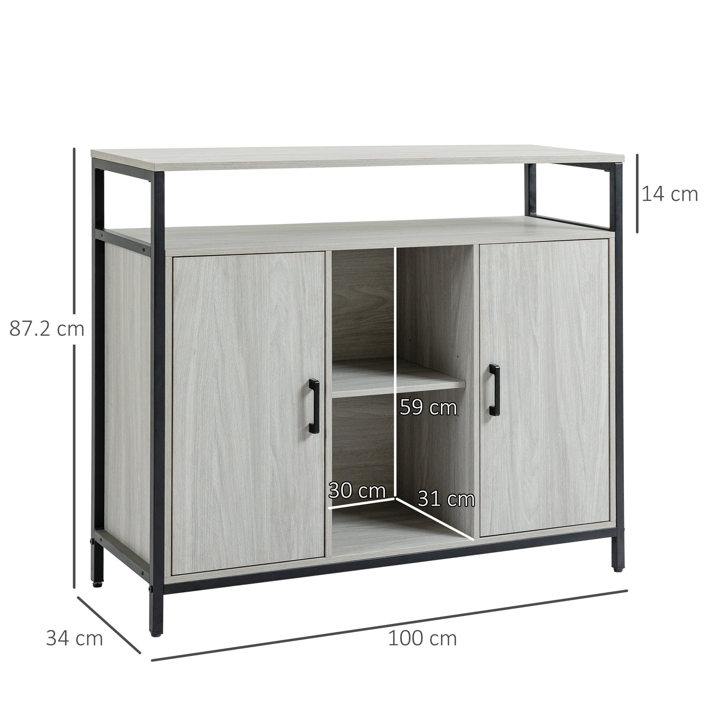 HOMCOM Modern Sideboard Steel Frame Storage Cabinet Two Doors Adjustable Shelves Living Room Hallway Light Grey