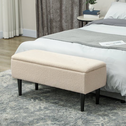 HOMCOM 57L Teddy Fleece Storage Ottoman Cream With Lift Lid Seat Double Duty For Bedroom Hallway Living Room