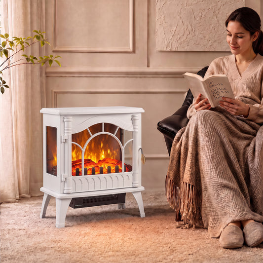 White electric fireplace fan heater with arched glass flame effect, side panel doors