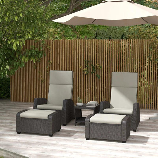 Outsunny 5-Piece Rattan Patio Reclining Chair Set with Footstools, Coffee Table, Cushions - Outdoor Garden Furniture in Brown - ALL4U RETAILER LTD