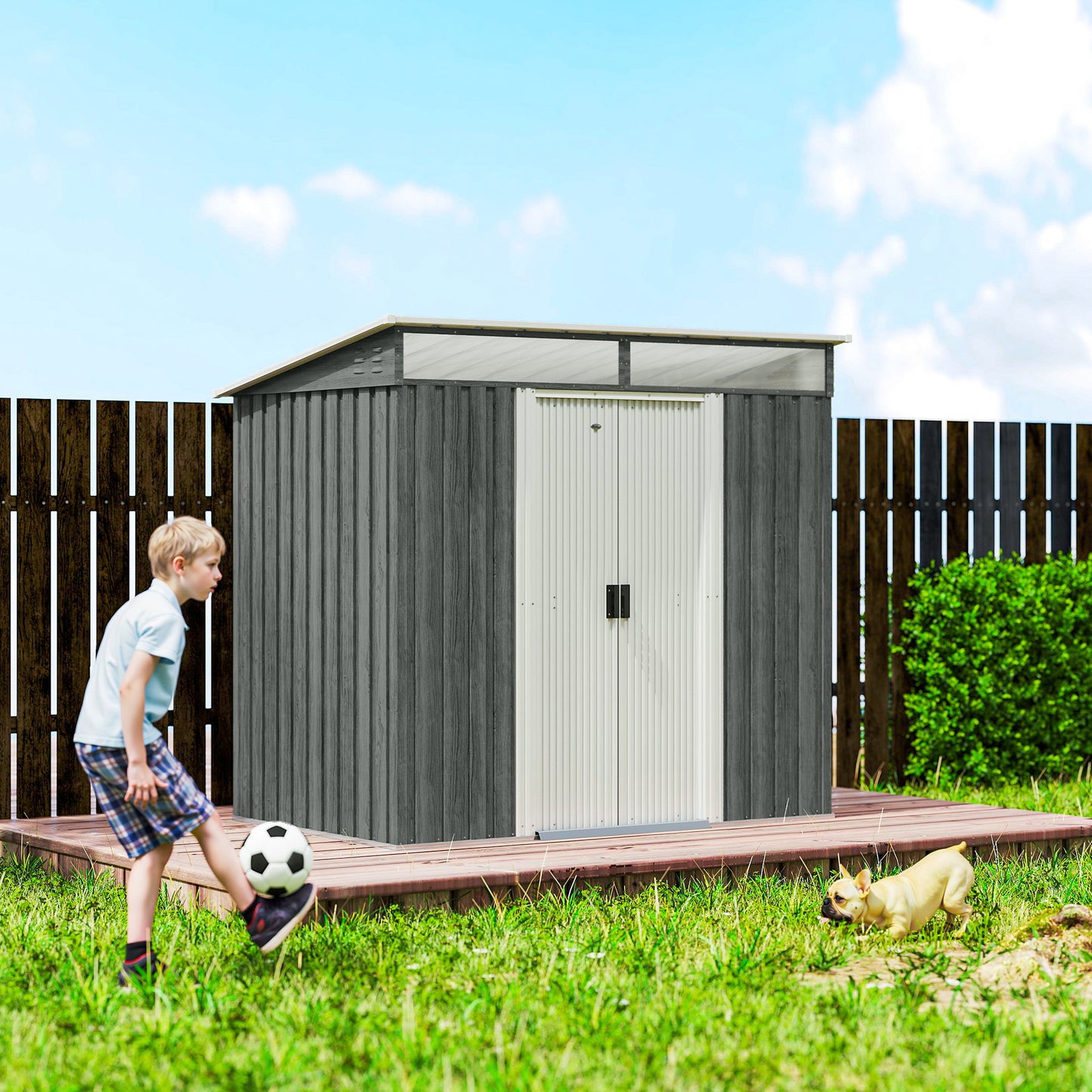 Outsunny Six Point Five By Four Feet Galvanised Metal Shed With Lockable Double Sliding Doors Vents Light Grey