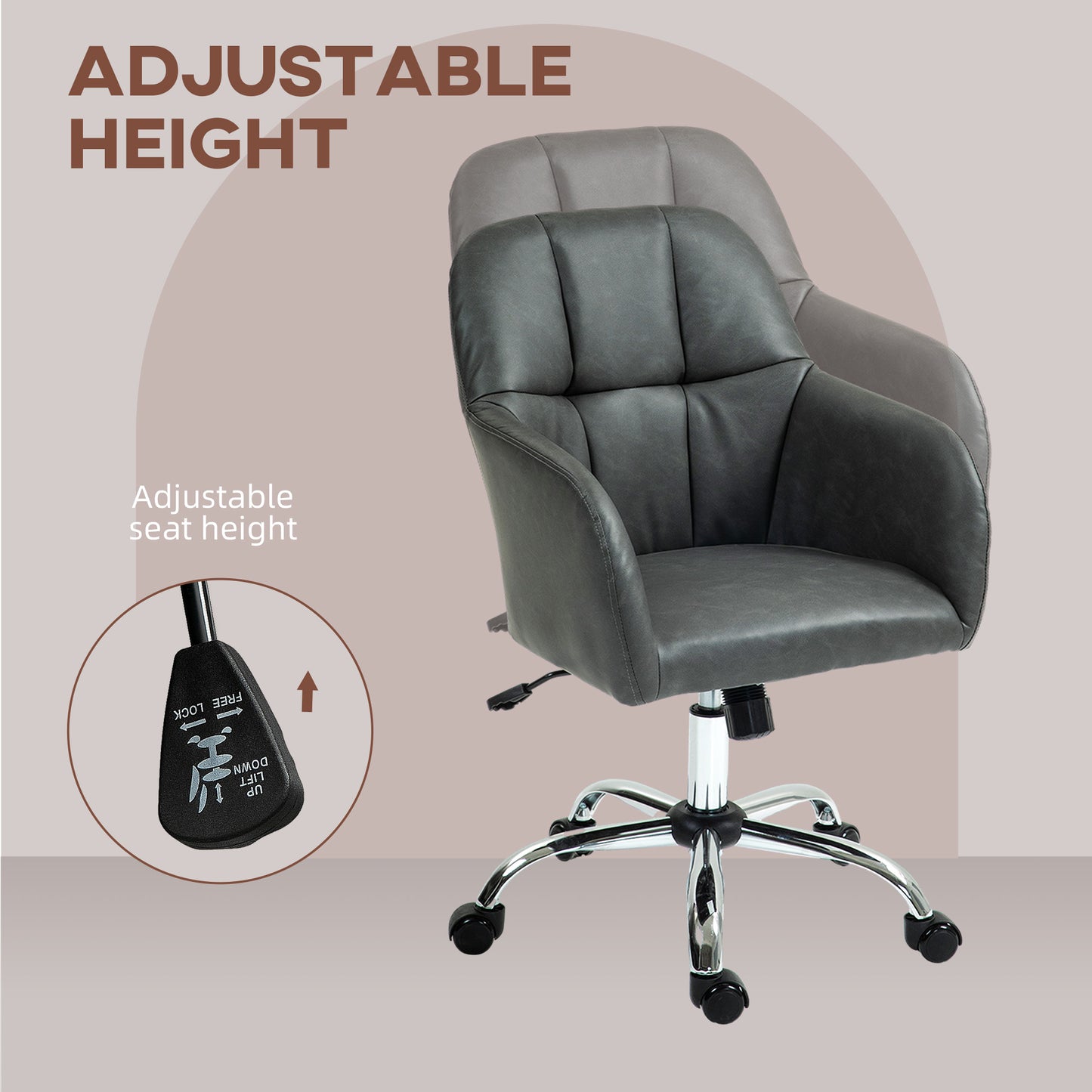 Vinsetto Elegant Grey PU Leather Swivel Office Chair with Adjustable Height and Wheels for Home Study and Makeup Vanity