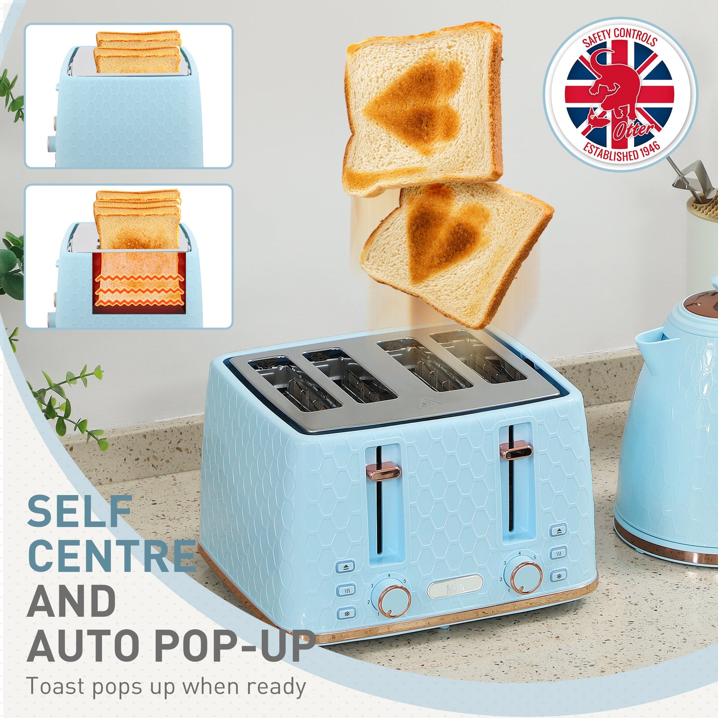 HOMCOM Kettle and Toaster Set 1.7L 3000W 4 Slice Toaster with 7 Browning Levels Light Blue Honeycomb Pattern
