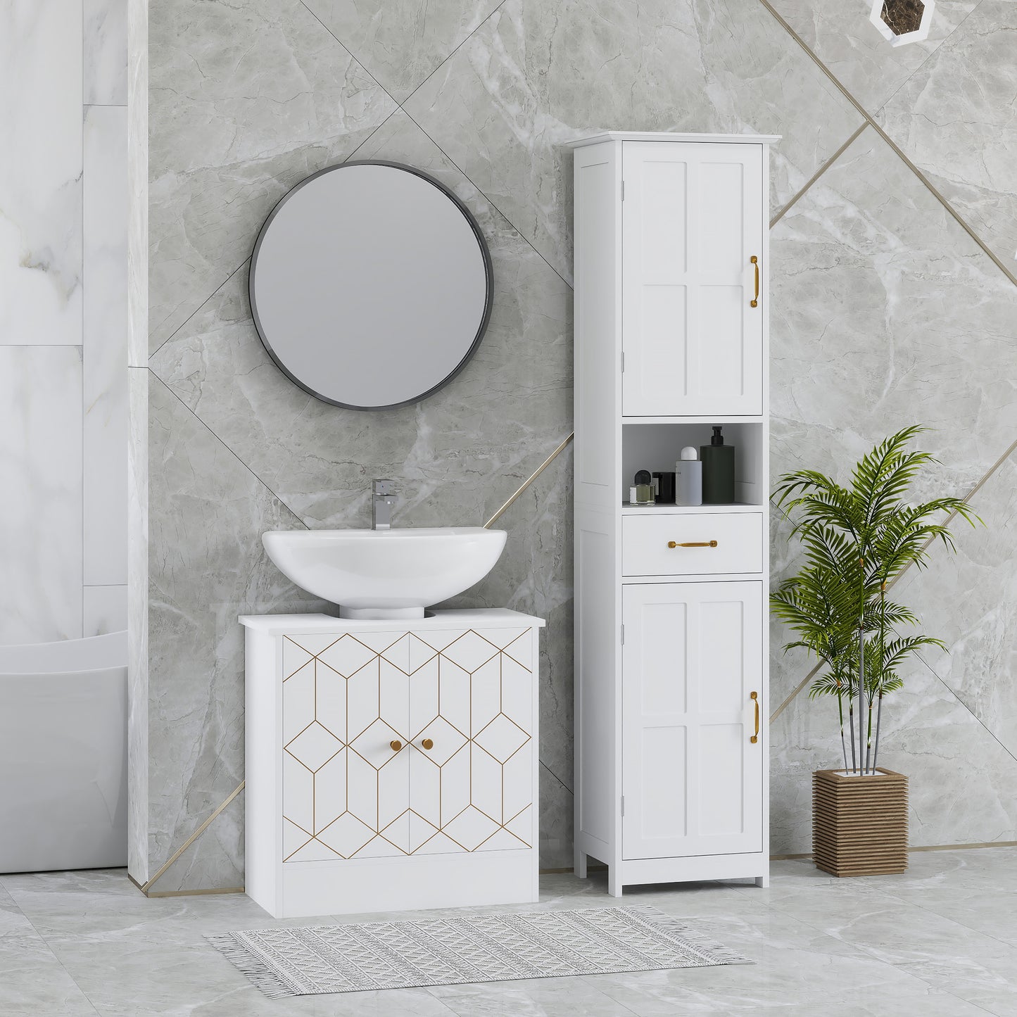 HOMCOM Under Sink Bathroom Cabinet With Adjustable Shelf And Open Compartments For Basins 60x30x60cm White