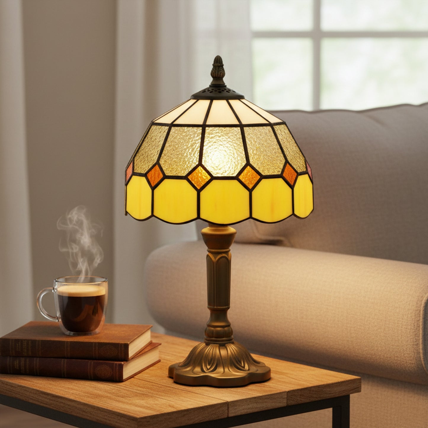 HOMCOM Handmade Art Deco Glass Table Lamp White And Orange Stained Glass Shade Finish