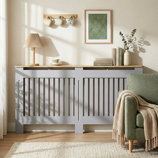 HOMCOM Slatted Radiator Cover Cabinet With Line Grill Design Grey 172L x 19W x 81H cm MDF