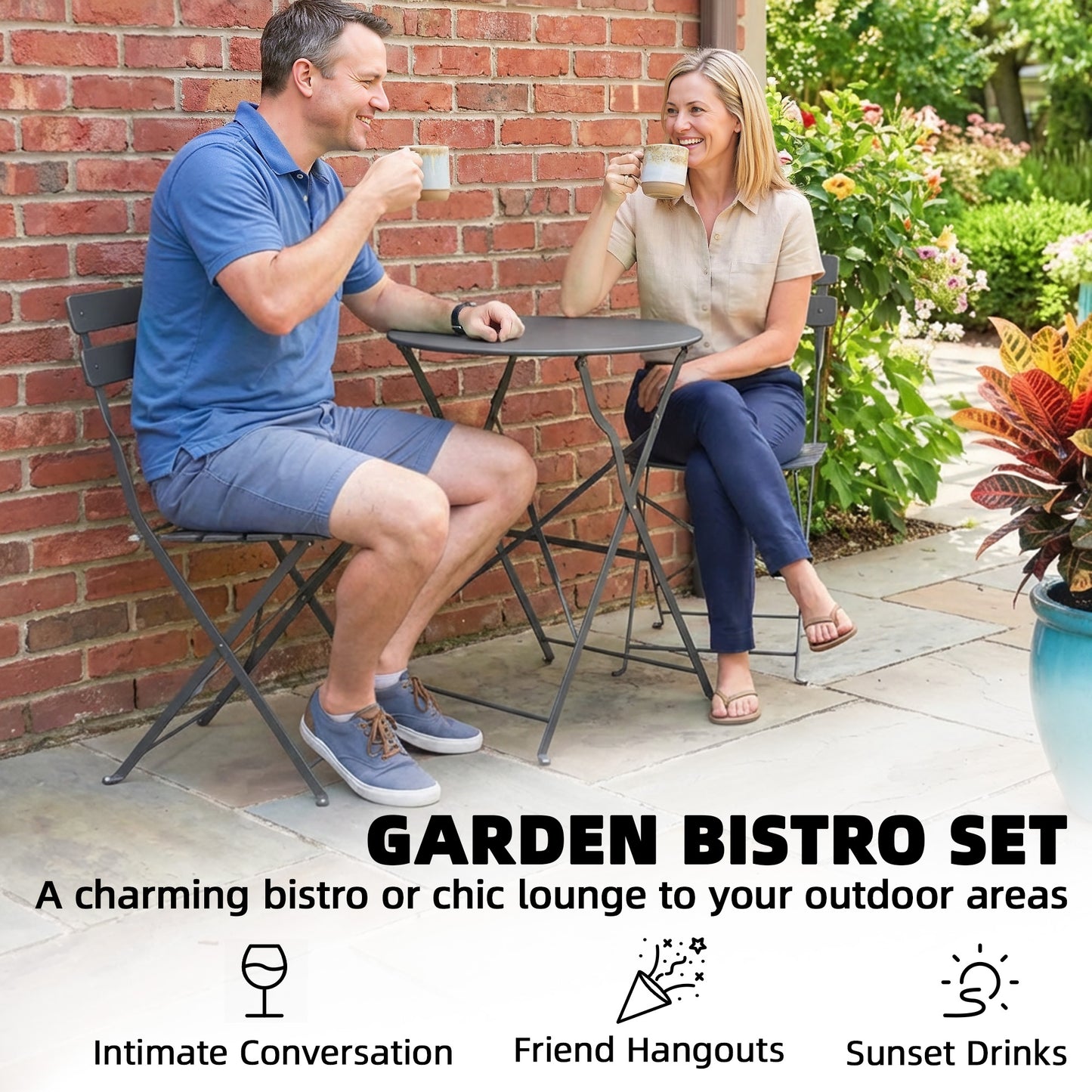 Outsunny Folding Garden Bistro Set For 2 With Round Table And Chairs Electrophoresis Metal Frame Grey