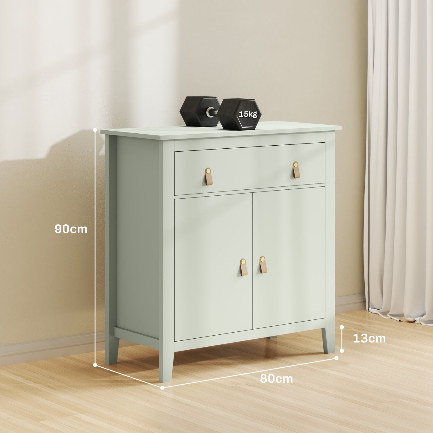 HOMCOM Farmhouse Style Sideboard Light Green With Wood Effect Top And Faux Leather Handles For Kitchen Or Living Room