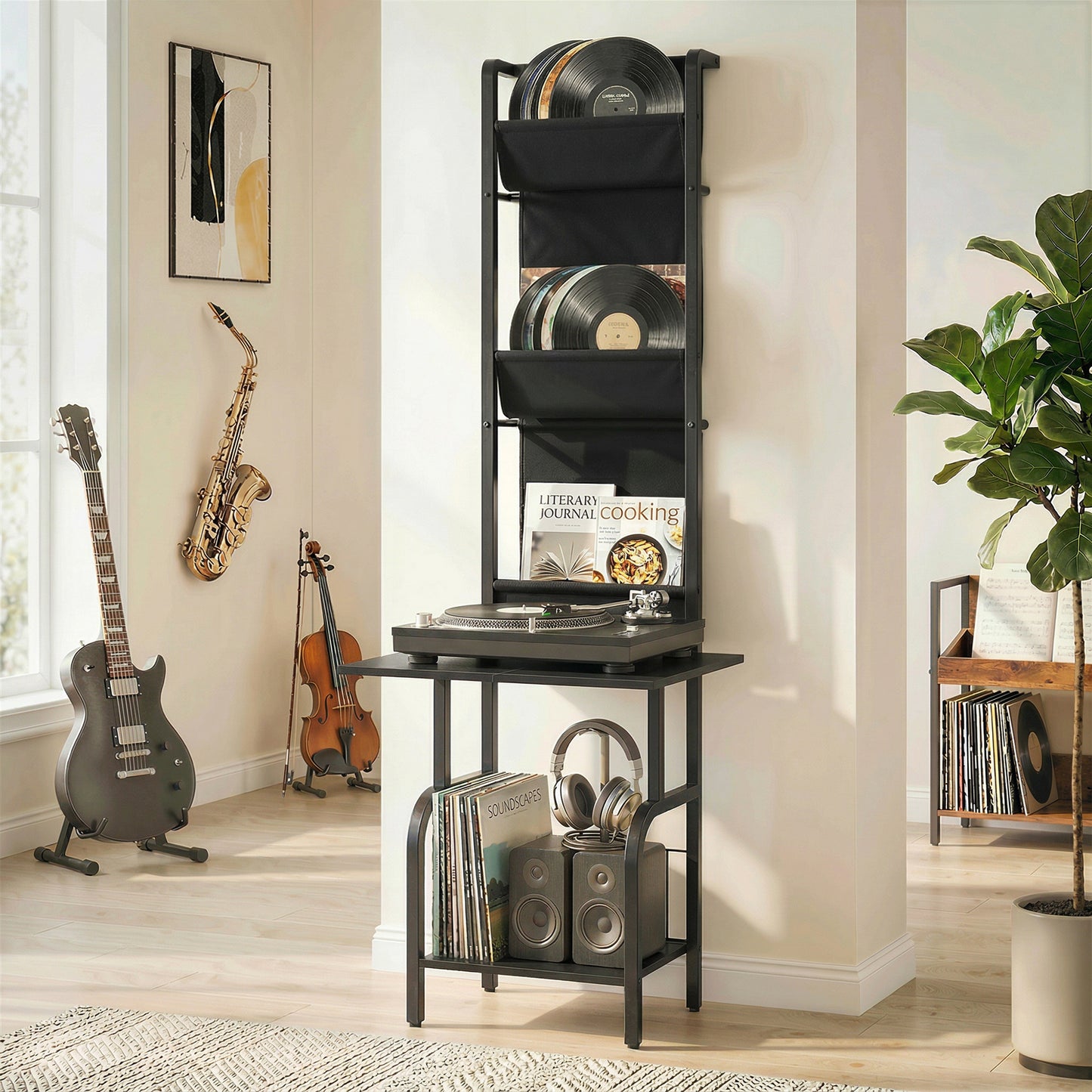 HOMCOM Vinyl Record Player Stand And Storage With Oxford Fabric Pockets Bottom Shelf Black