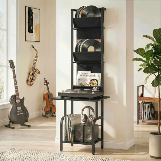 HOMCOM Vinyl Record Player Stand And Storage With Oxford Fabric Pockets Bottom Shelf Black