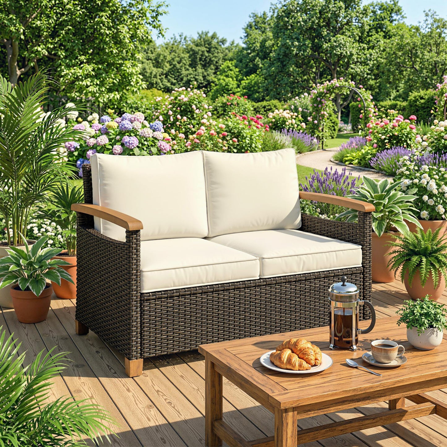 Outsunny 2 Seater Rattan Garden Sofa With Thick Cushions And Acacia Wood Armrests Brown