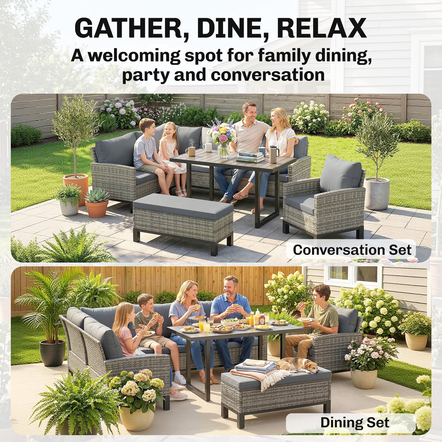 Outsunny 9 Seater Rattan Garden Corner Sofa Set Outdoor Dining Set With Faux Wood Table Ottoman And Cushions Dark Grey