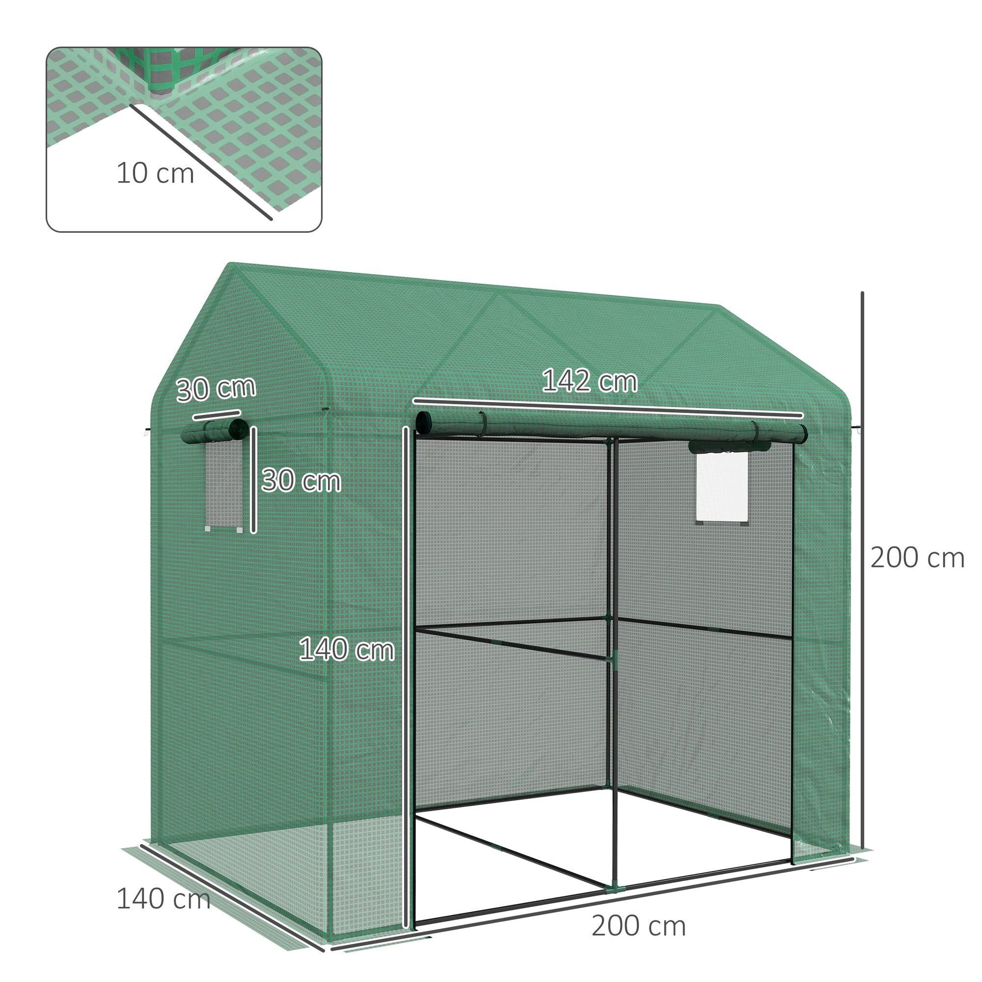 Outsunny Greenhouse, Walk-in Garden Grow House with Roll-up Door and Mesh Windows, 200 x 140 x 200cm, Green - ALL4U RETAILER LTD