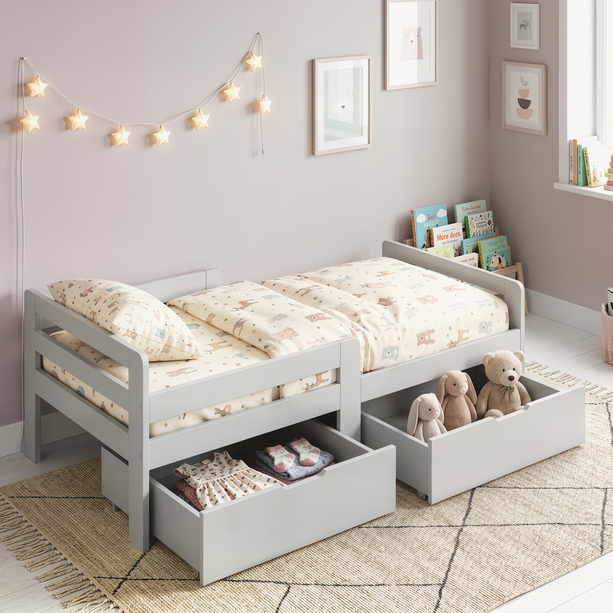 Grey wooden kids bed with side drawers, guard rails, and storage under the frame