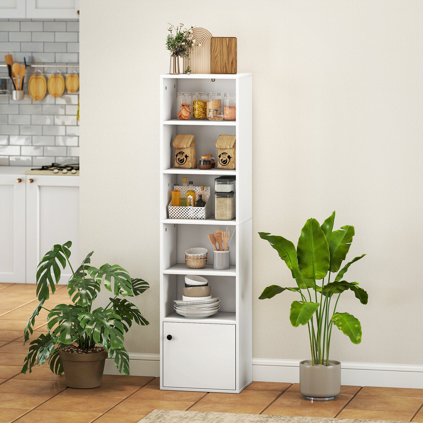 HOMCOM 6 Tier 156 cm Tall White Bookcase with Adjustable Shelves for Small Spaces