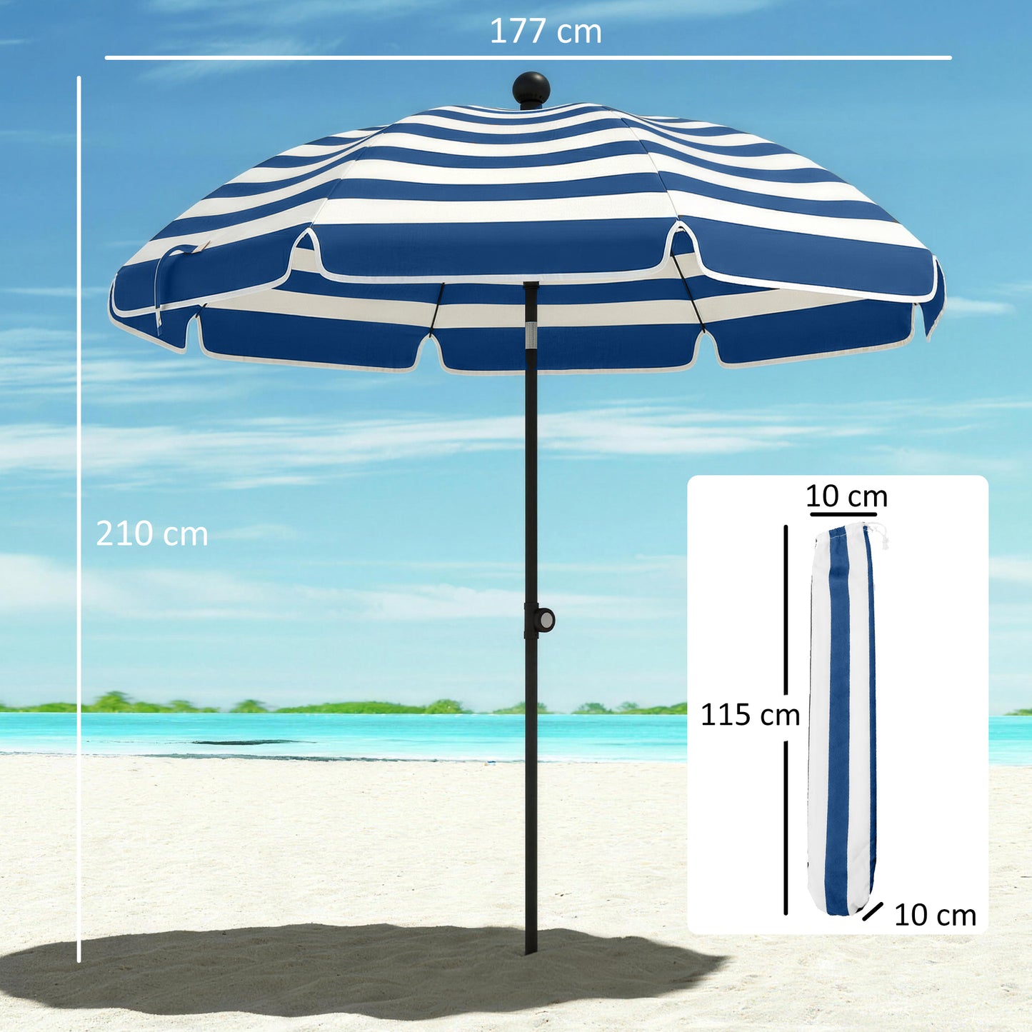Outsunny 1.8 Meters Beach Umbrella With Sand Anchor Tilting 30 Degree Patio Sun Shade Adjustable Height Blue White