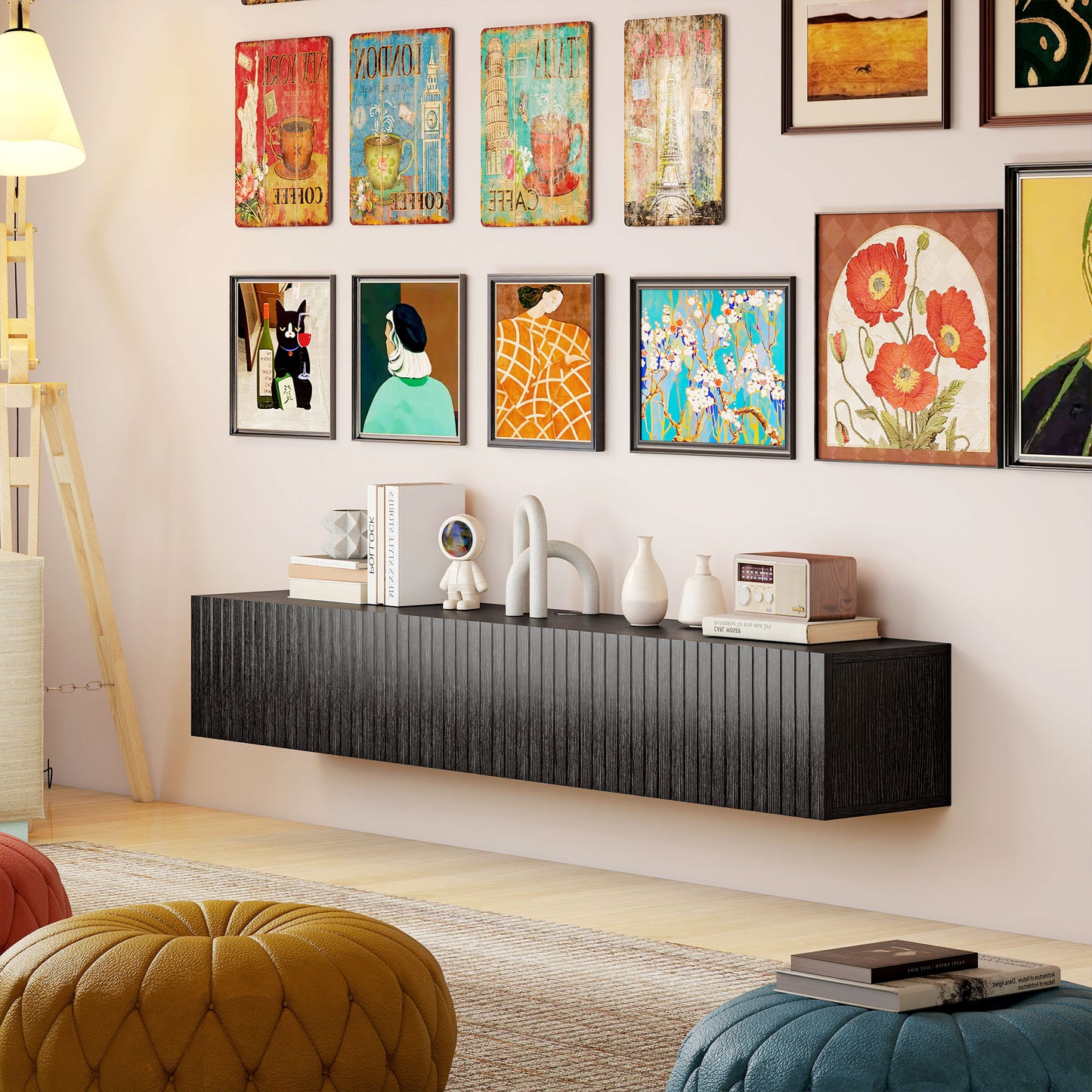 HOMCOM 140cm Floating Wall Mount TV Stand In Black With Cable Management Hole Fits Up To 72 Inch TV