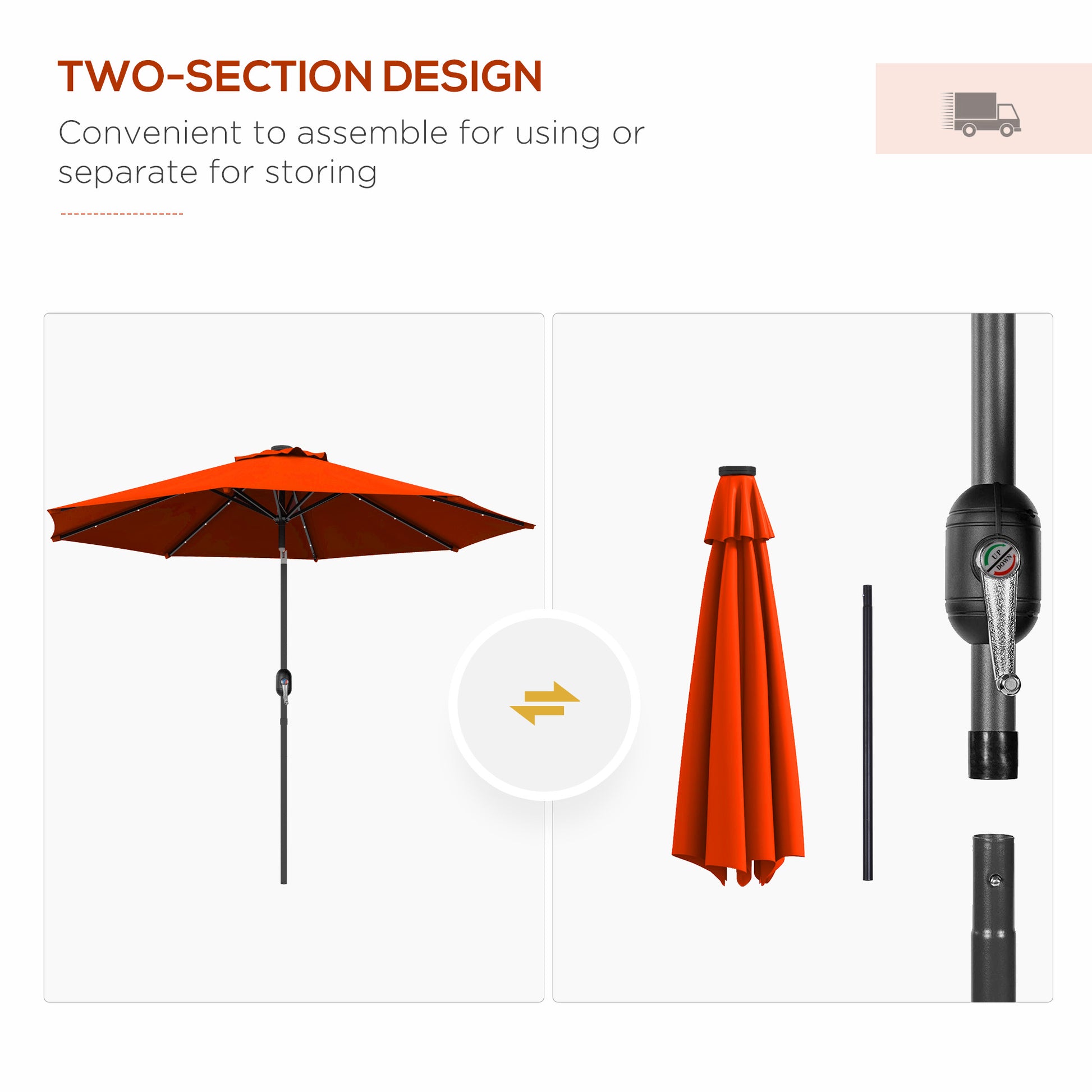 Outsunny 2.7m Solar-Powered Patio Umbrella with Tilt Function and 24 LED Lights, Vibrant Orange - ALL4U RETAILER LTD