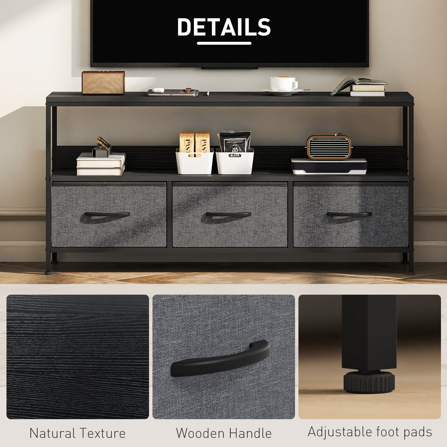 HOMCOM TV Stand Cabinet With Three Foldable Drawers Two Tone Design Black Finish