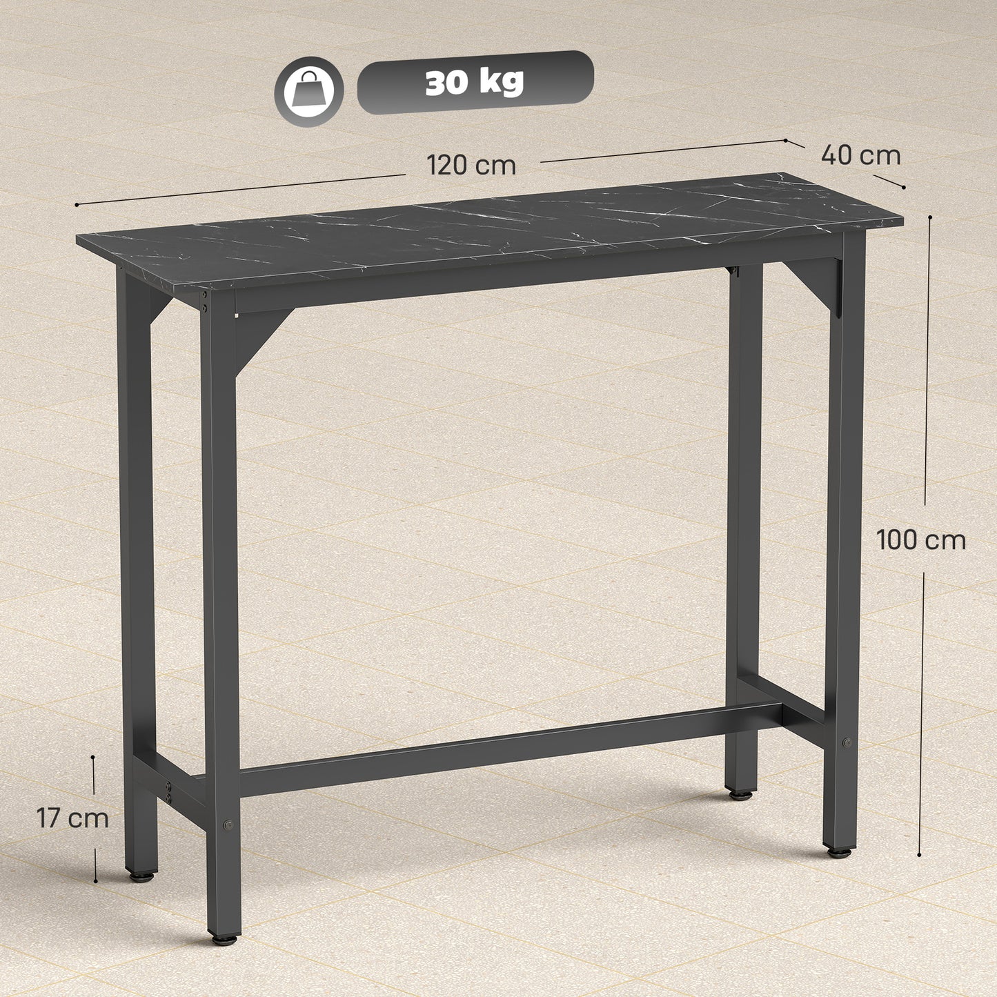 HOMCOM Rectangular Bar Table Marble Effect Pub Coffee Table For Small Spaces Breakfast Dining Black Marble
