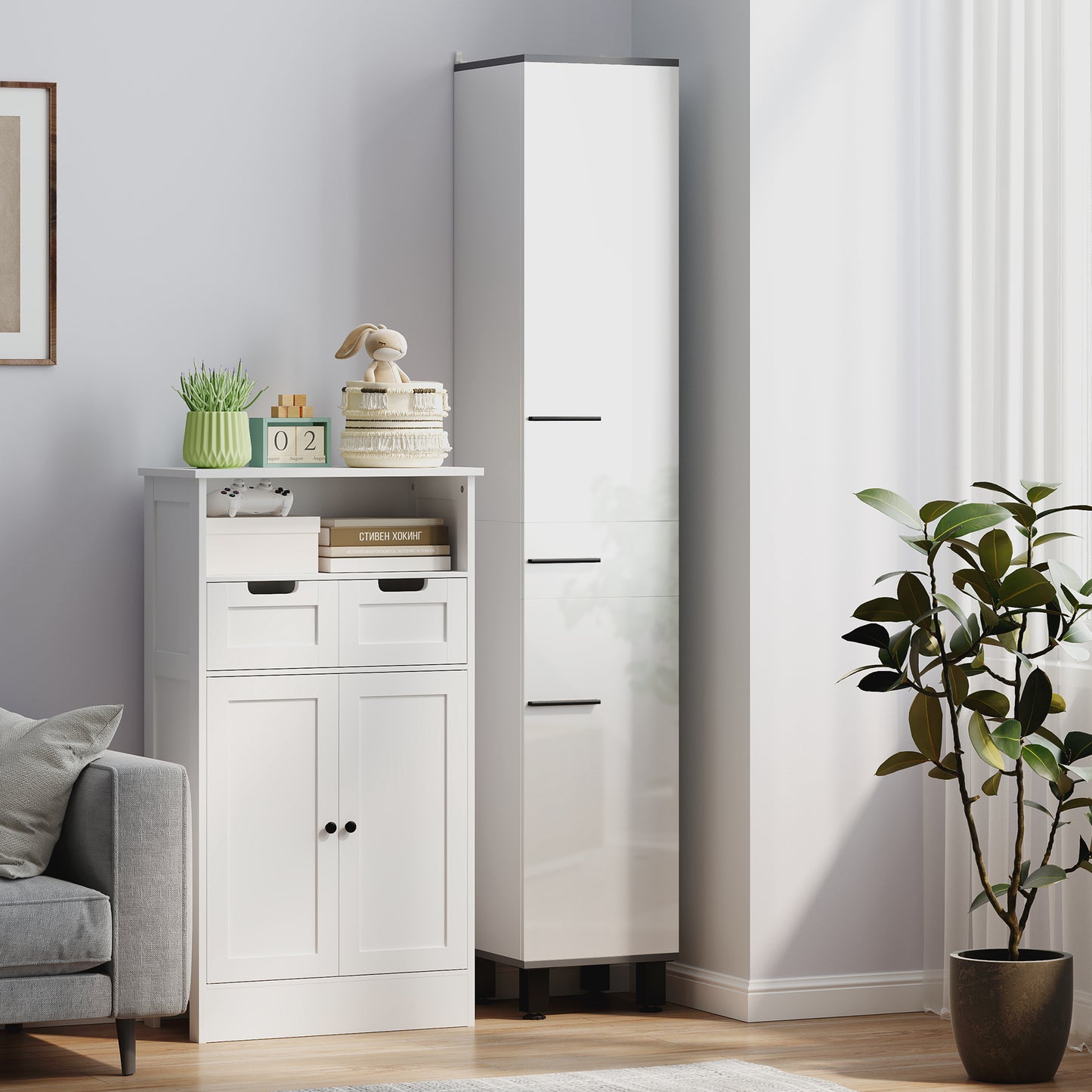 HOMCOM 190cm Tall Slim Bathroom Storage Cabinet With Adjustable Shelves In Both Cupboards And Middle Drawer White