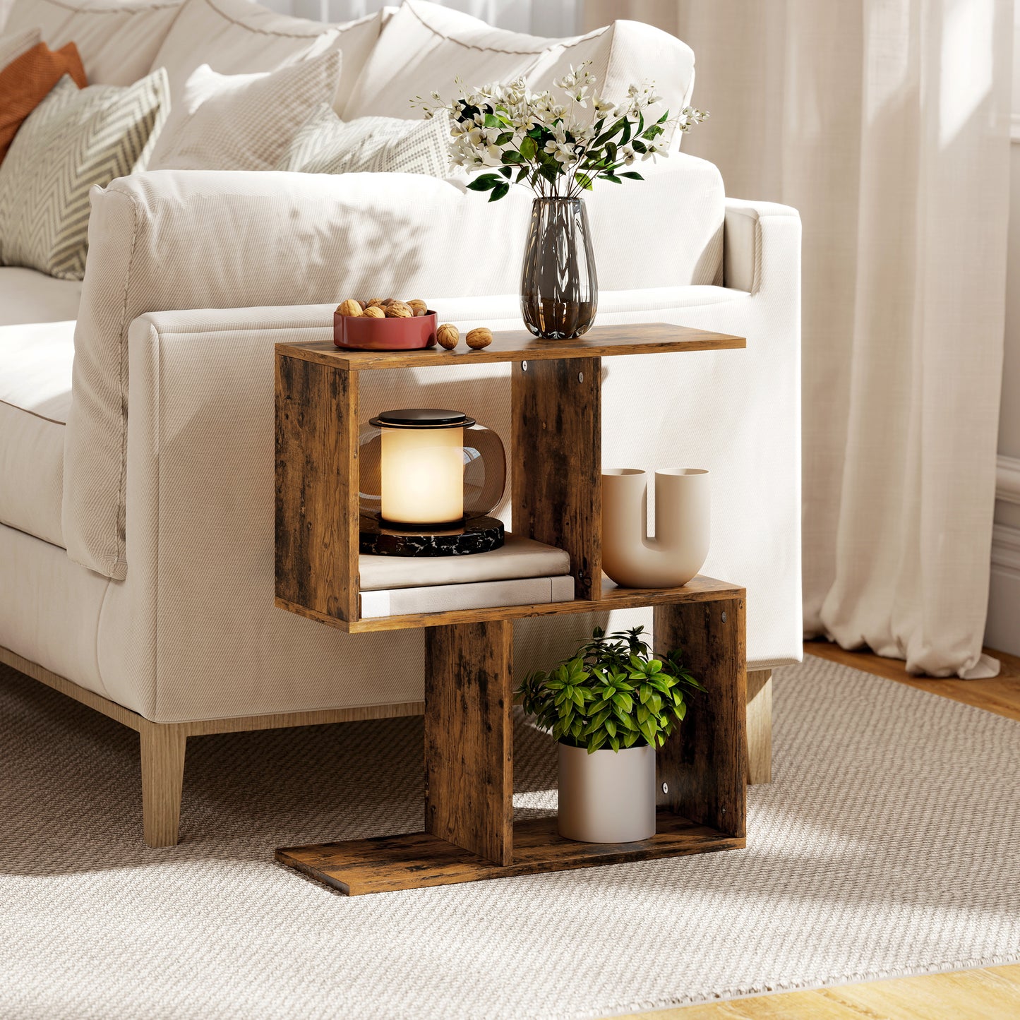 HOMCOM S Shaped Narrow Side Table With Storage Shelves 3 Tier Rustic Brown 50W 19D 58H Cm