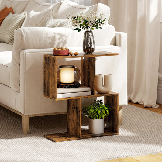 HOMCOM S Shaped Narrow Side Table With Storage Shelves 3 Tier Rustic Brown 50W 19D 58H Cm