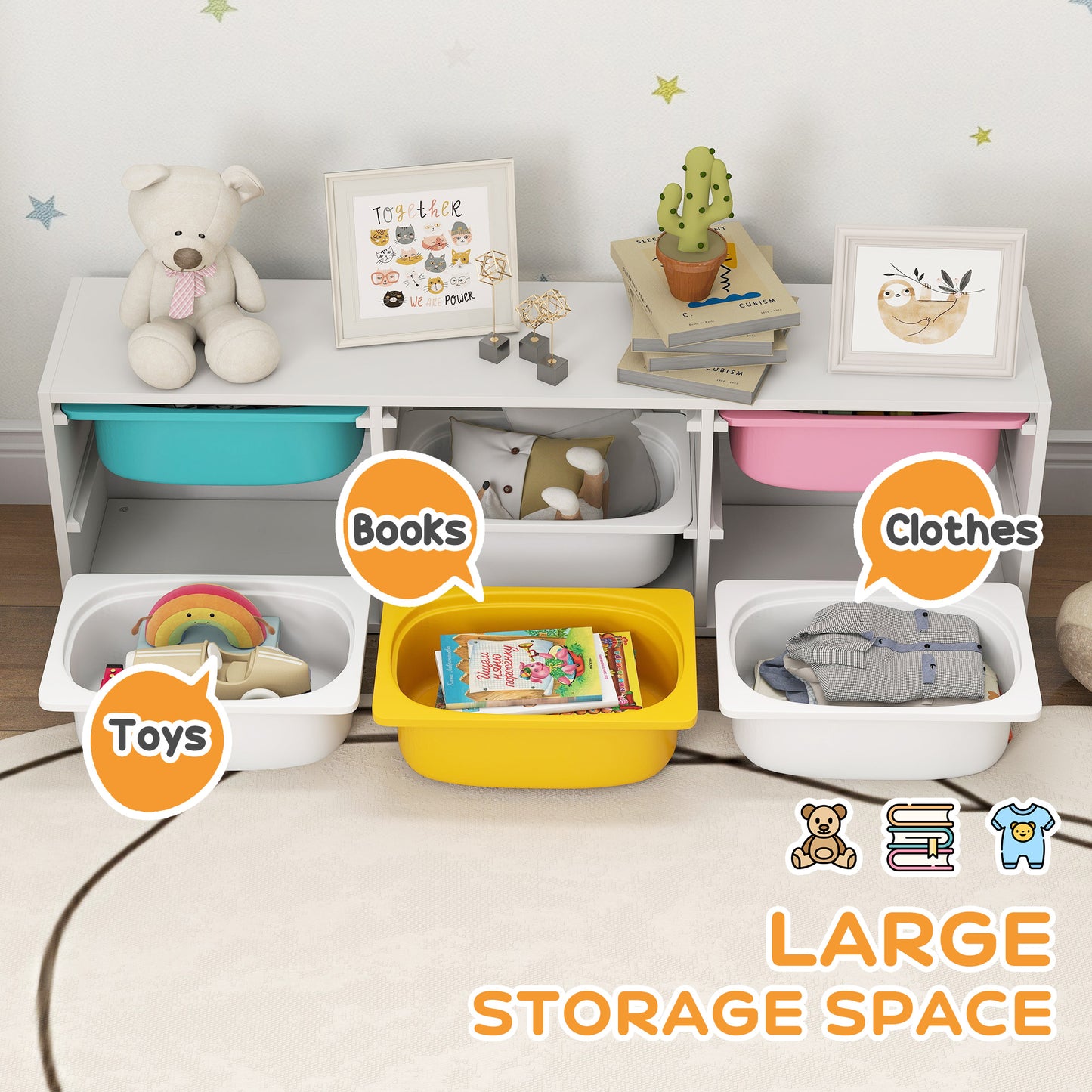 AIYAPLAY Low Height Two Tier Toy Storage Organiser With Six Removable Bins For Kids Bedroom Nursery Playroom