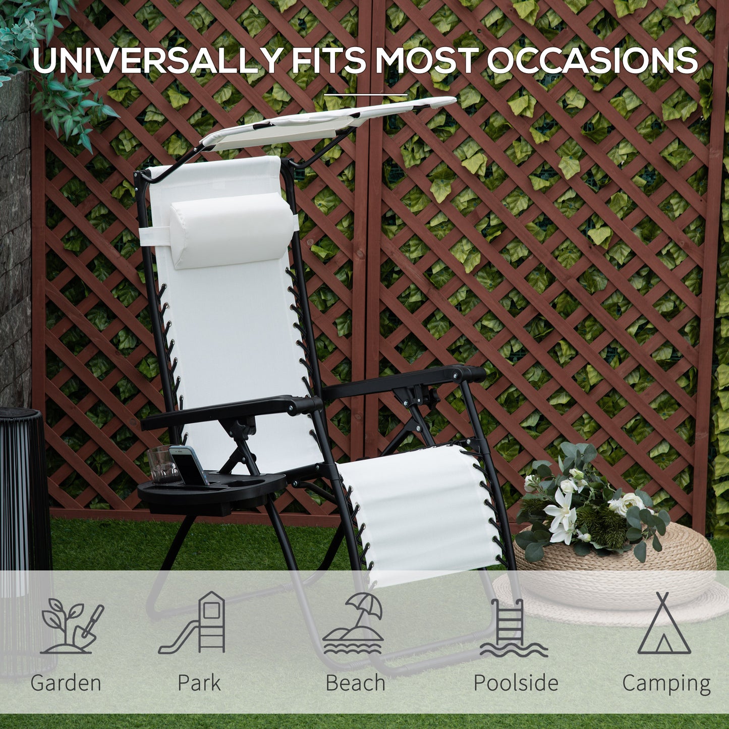 Outsunny 2 Piece Foldable Reclining Garden Chair With Headrest Footrest Armrests Cup Holder Canopy Shade White