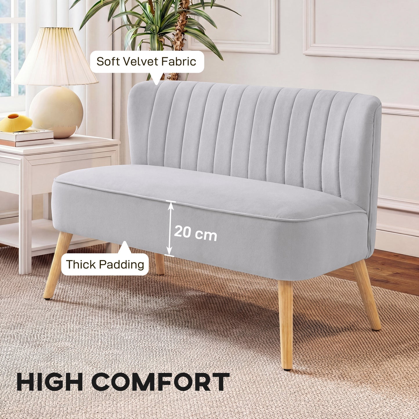 HOMCOM Modern Velvet Double Seater Sofa With Wood Frame Foam Padding Soft Comfortable Compact Couch Light Grey