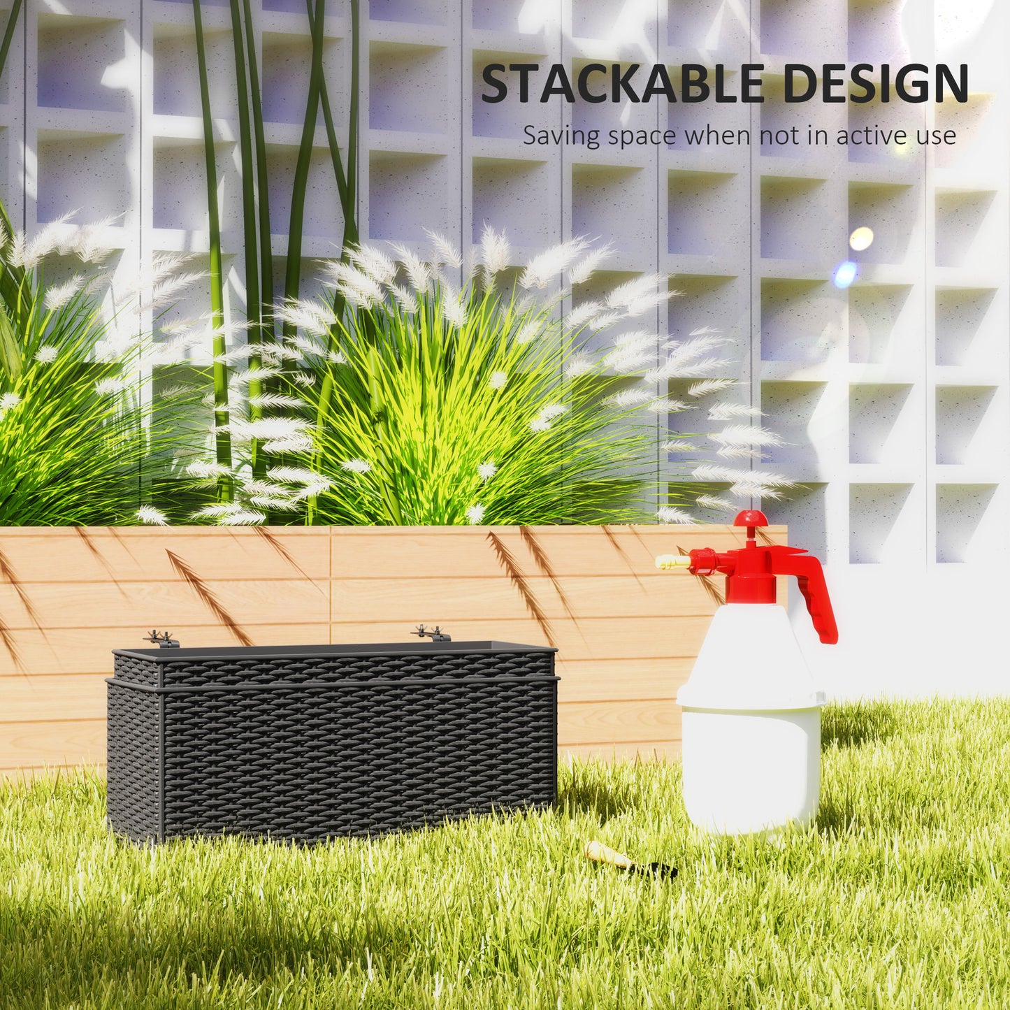 Outsunny Set of Two Rattan Effect Planters Black With Hooks For Balcony Railings And Outdoor Garden Decor