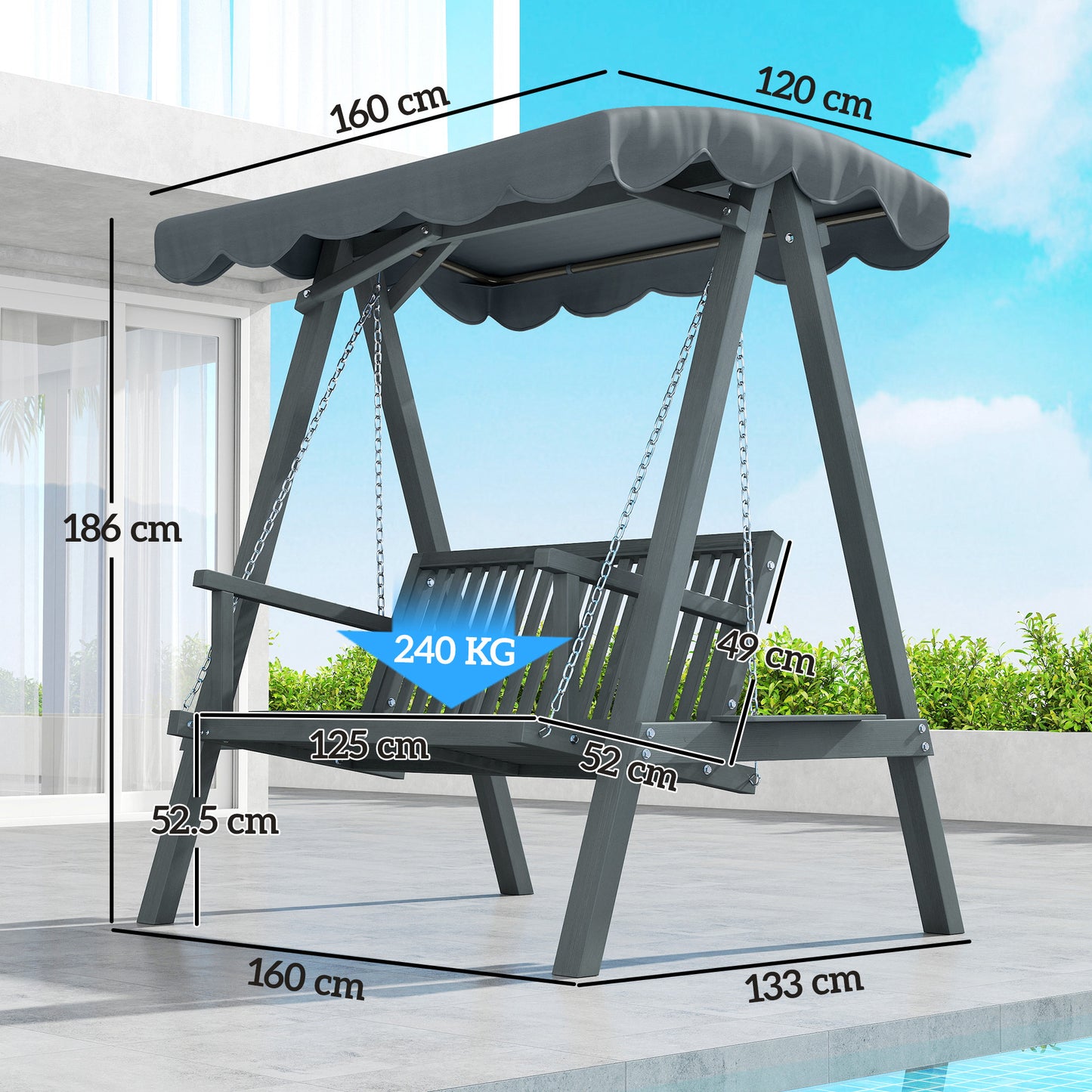 Outsunny 2 Seater Garden Swing With Canopy Wooden Outdoor Swing Chair Hammock Bench For Balcony Patio Porch Grey