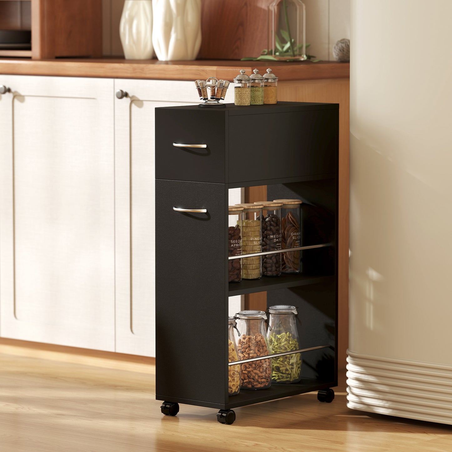 HOMCOM Rolling Storage Cart 3 Tier Kitchen Trolley With Drawer Surface Top And 4 Universal Wheels Black