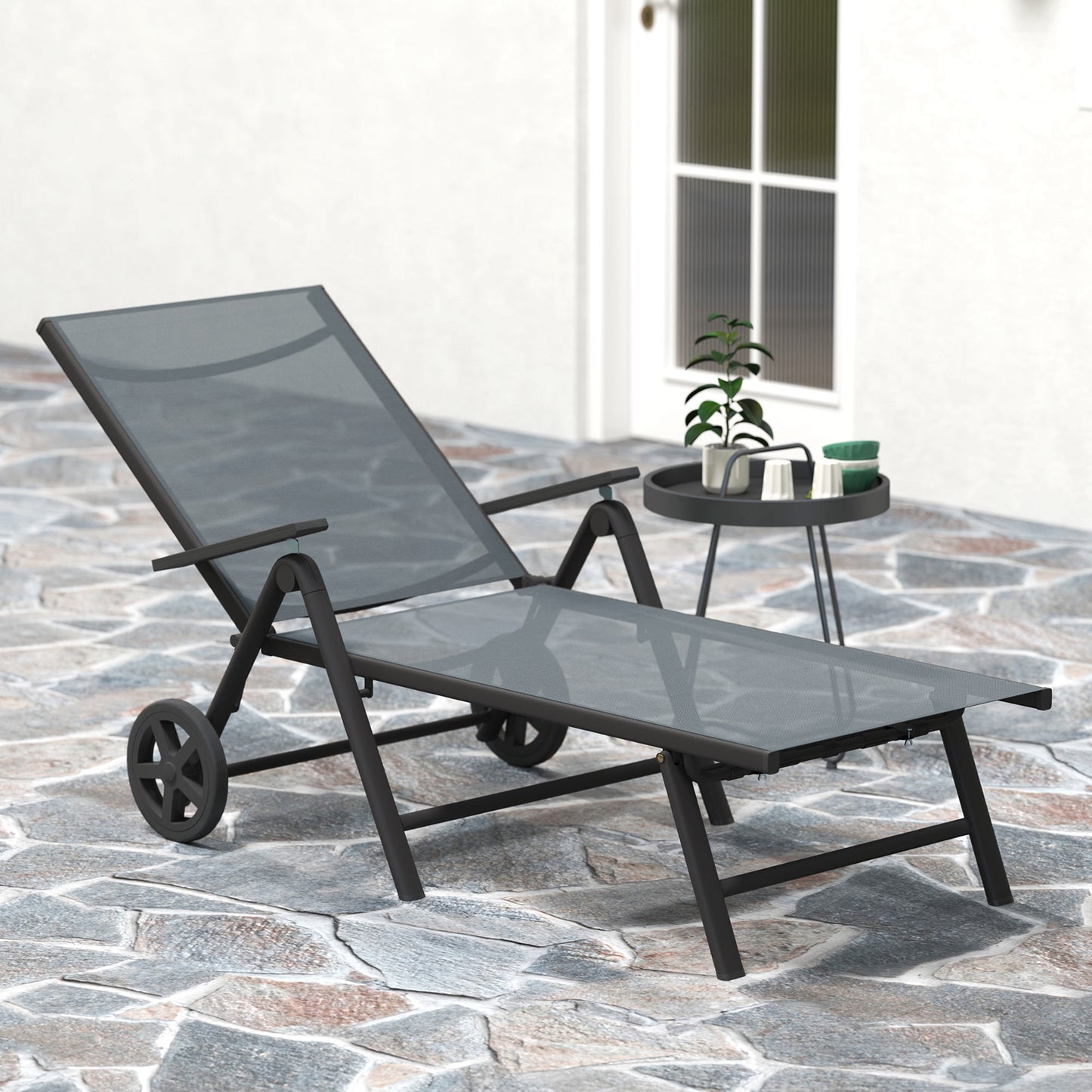 Outsunny Five Position Reclining Sun Lounger Grey Outdoor Garden With Textiline Mesh Seat