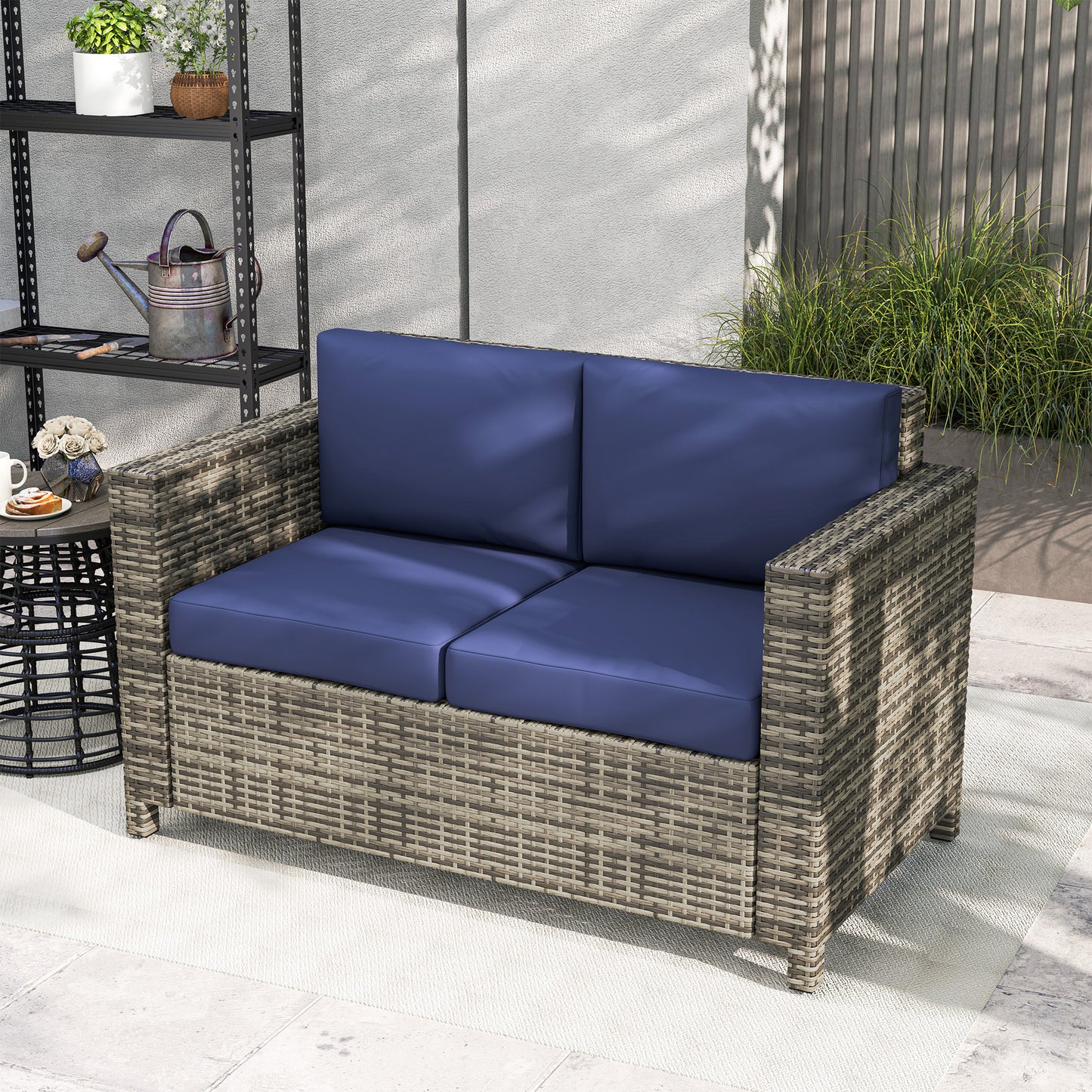 Outsunny Rattan Sofa 2 Seater Garden Furniture Wicker Loveseat With Soft Padded Cushions And Armrests Navy Blue