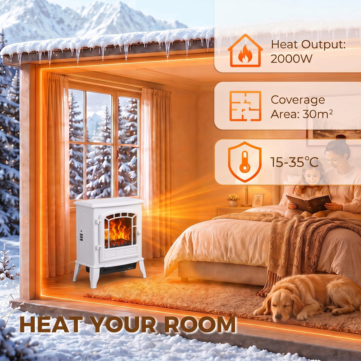 HOMCOM 2000W Freestanding Electric Fireplace With LED Flame And Thermostat White