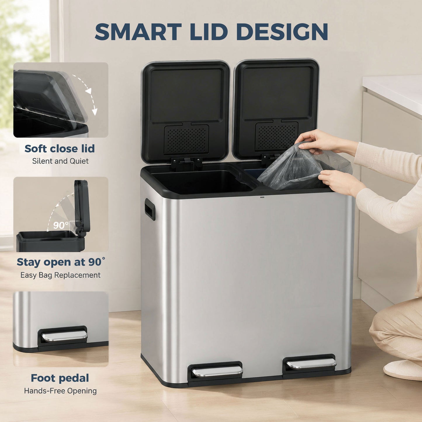 Homcom Dual Compartment Kitchen Bin 2X20L Stainless Steel Pedal Soft Close