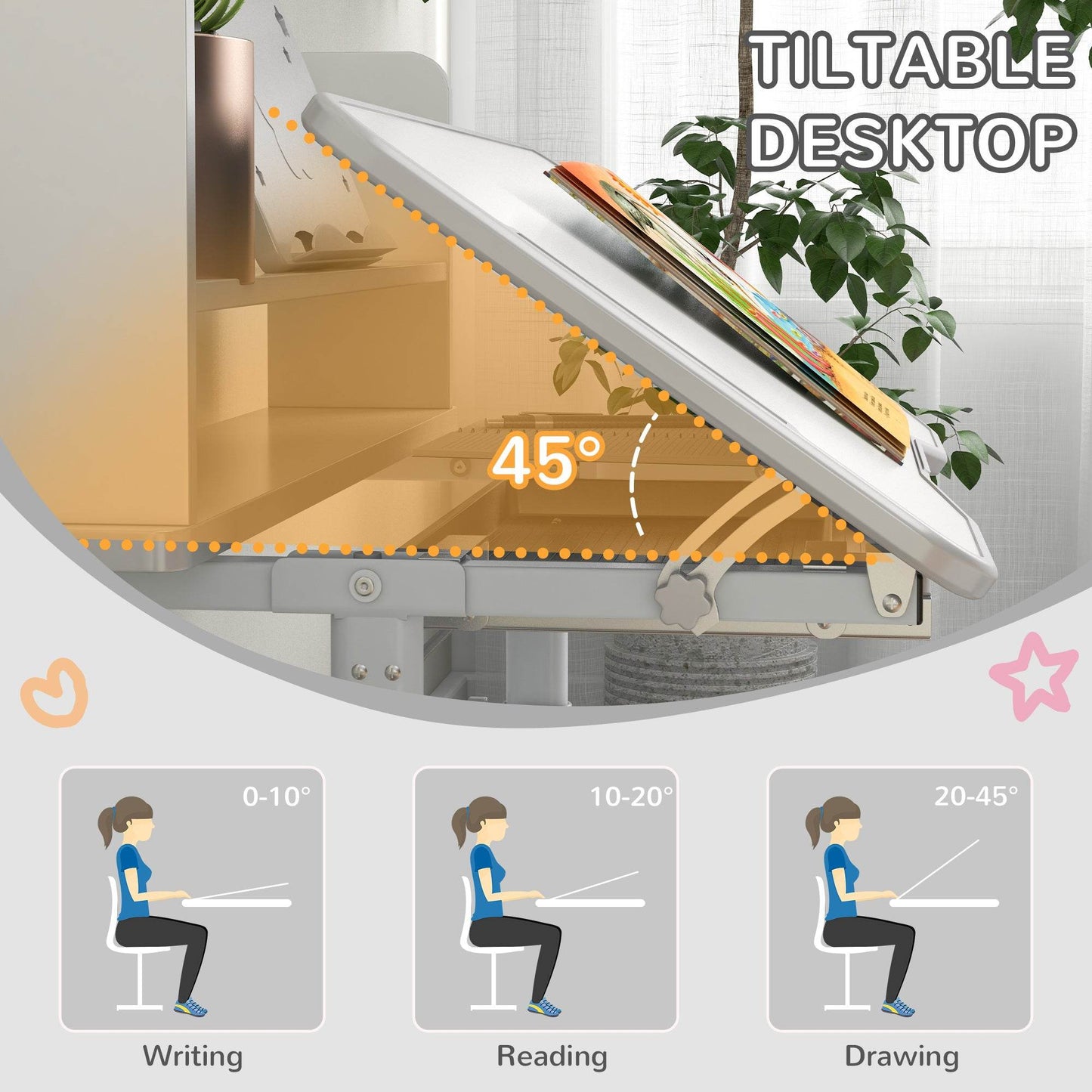 ZONEKIZ Height Adjustable Kids Study Table Chair Set Drawer Storage Shelf 80 x 54.5 x 104 cm Grey - ALL4U RETAILER LTD