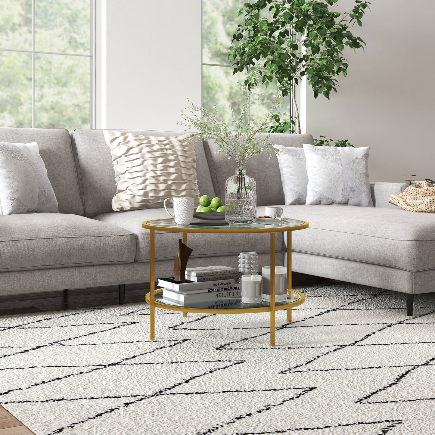 HOMCOM Round Coffee Table With Storage Two Tier Tempered Glass Shelves Gold Tone Steel Frame For Living Room