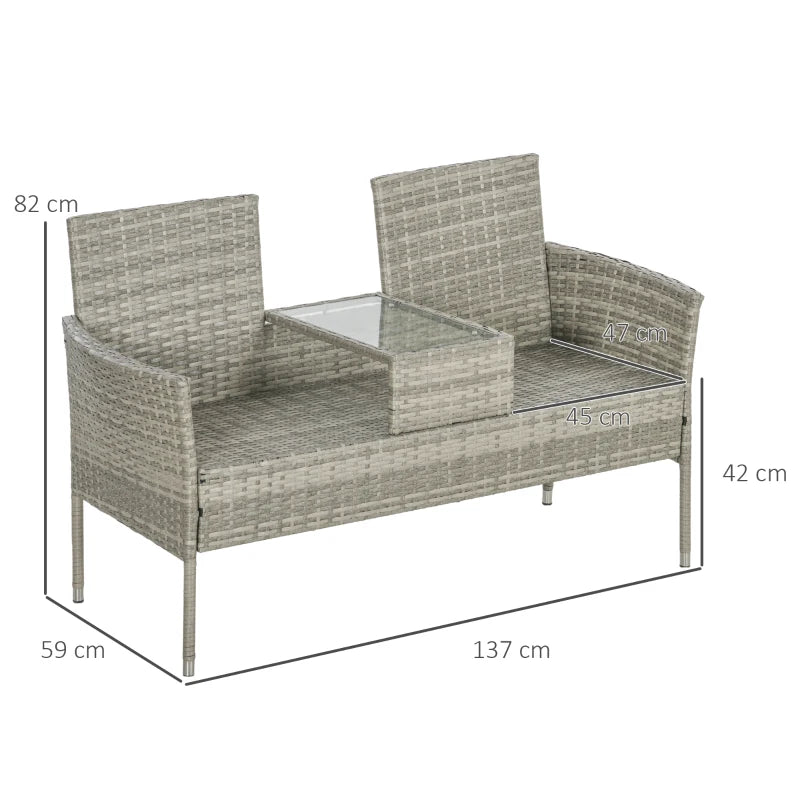 Outsunny Rattan Garden Bench w/ Glass Tea Table, Wicker Chair w/ Cushions, Grey - ALL4U RETAILER LTD