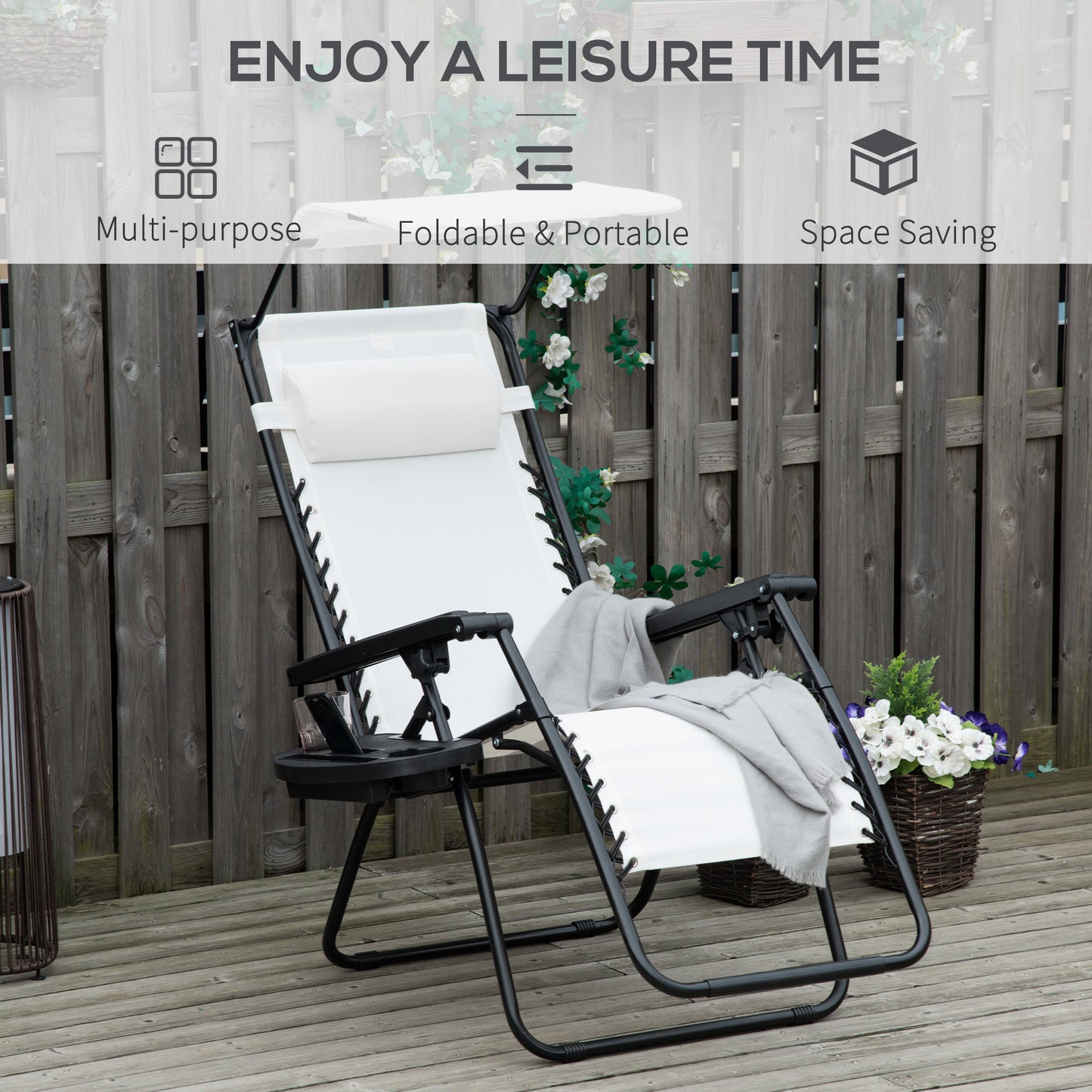 Outsunny 2 Piece Foldable Reclining Garden Chair With Headrest Footrest Armrests Cup Holder Canopy Shade White