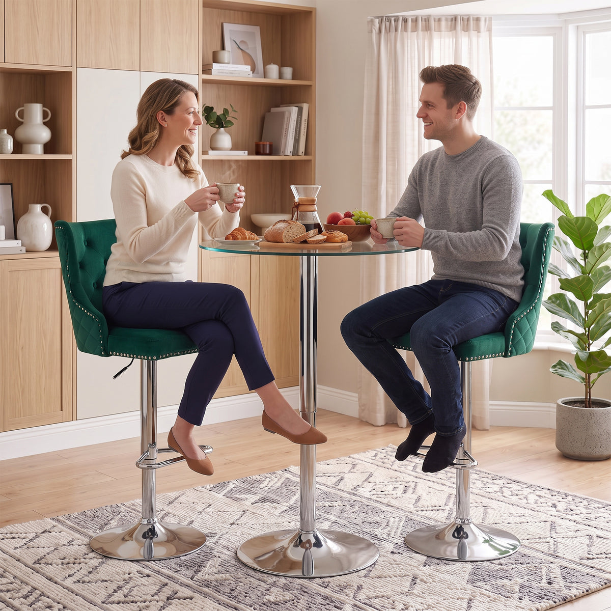 Set of 2 green velvet swivel bar stools with button-tufted back and chrome footrest bases