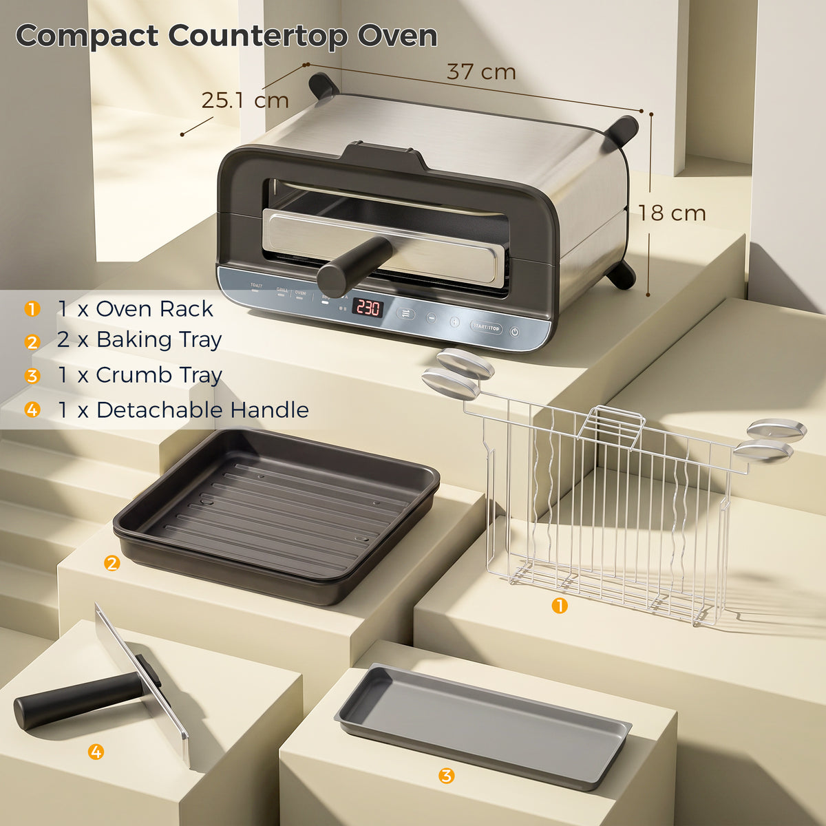 3-in-1 electric countertop oven with included rack and crumb tray, compact tabletop size