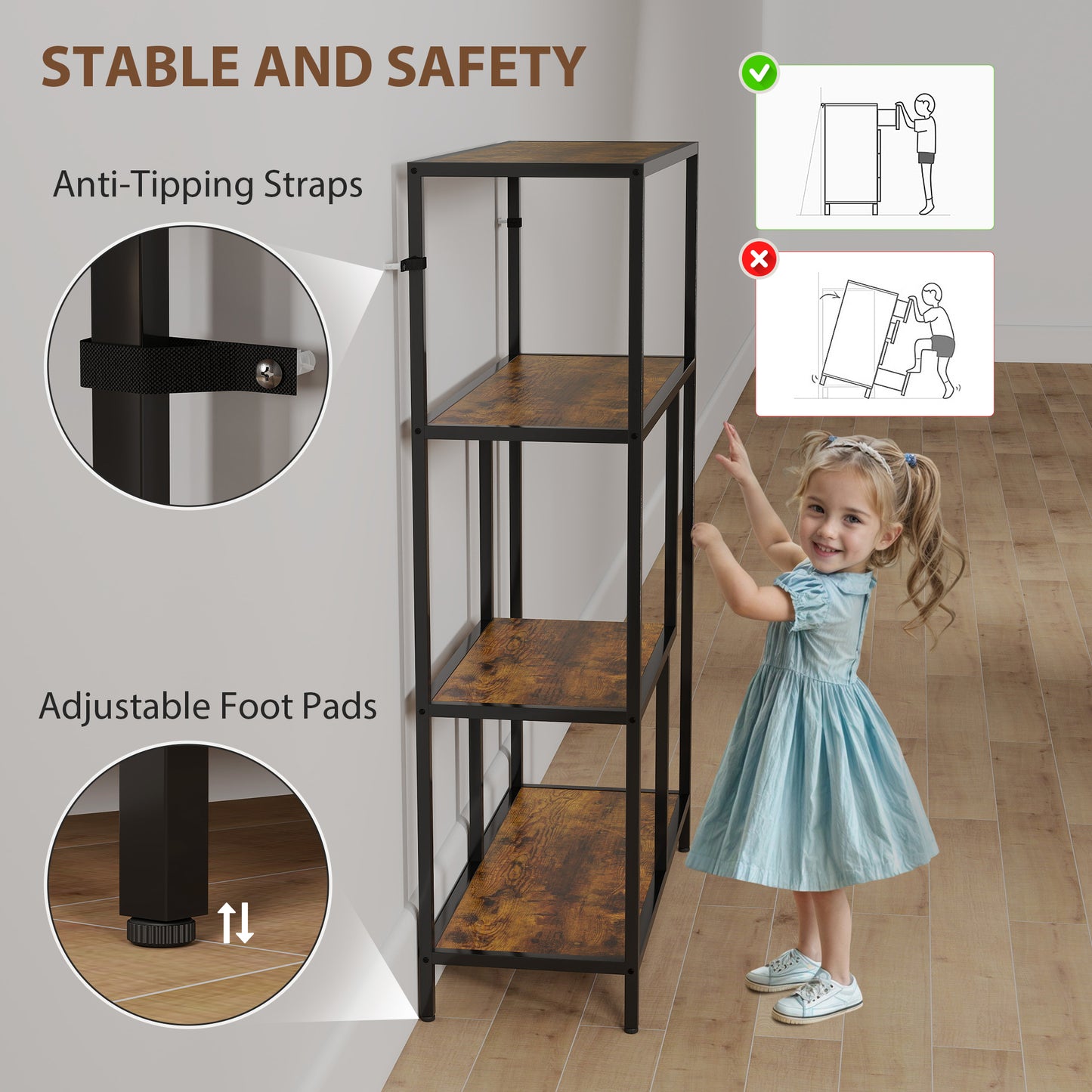 HOMCOM 4 Tier Bookshelf With Open Shelves Rustic Brown Wood Finish Black Frame Industrial Style Storage