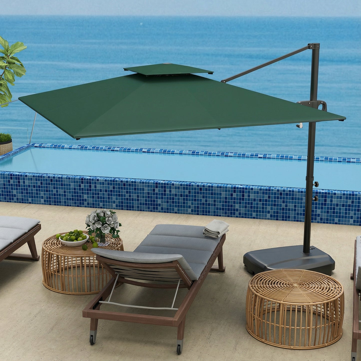 Outsunny Cantilever Parasol With Weighted Base And Crank Tilt Double Top Garden Parasol Patio Dark Green
