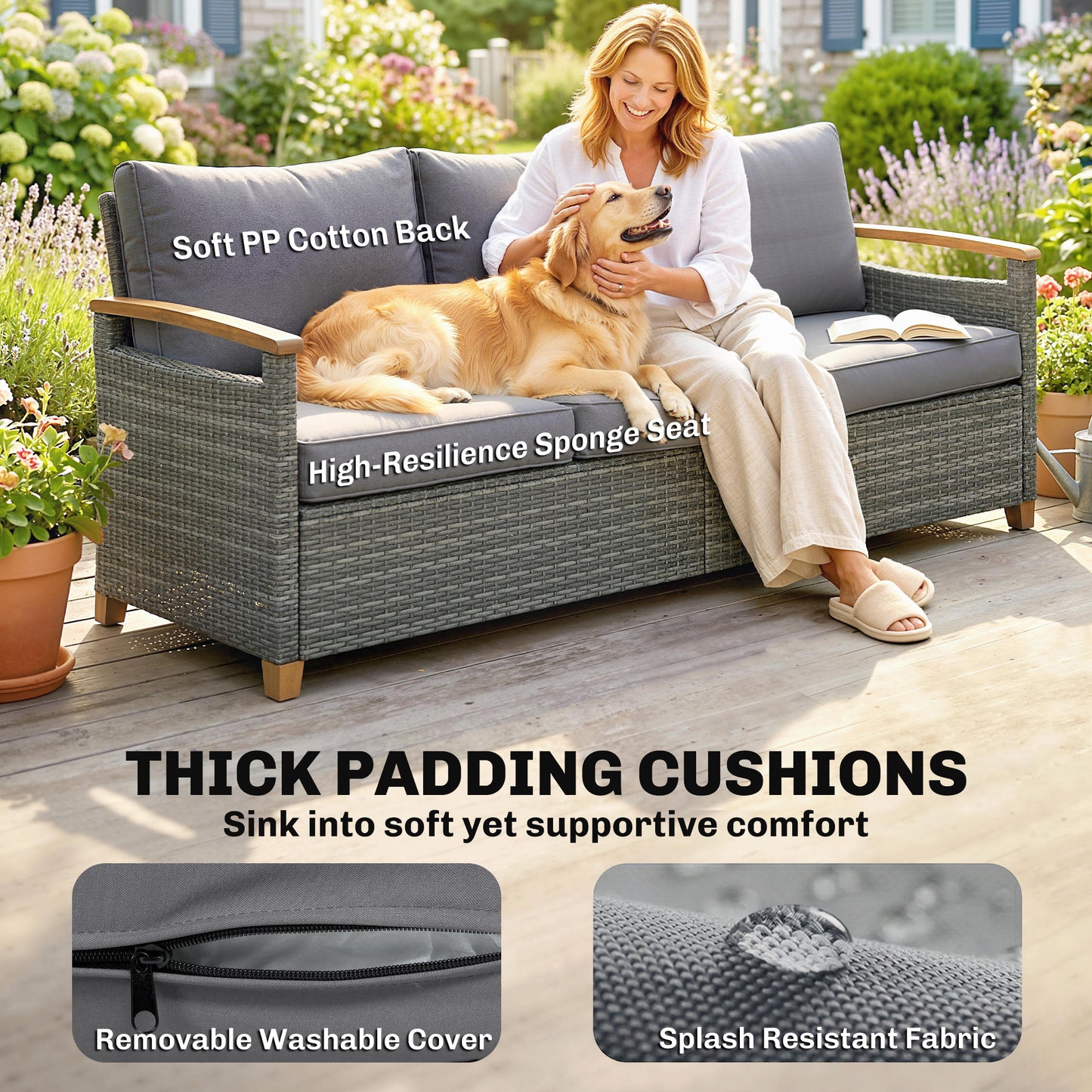 Outsunny 3 Seater Rattan Garden Sofa Outdoor PE Wicker Wood Effect Armrests Legs Deep Seat 4 Inch Cushions Dark Grey