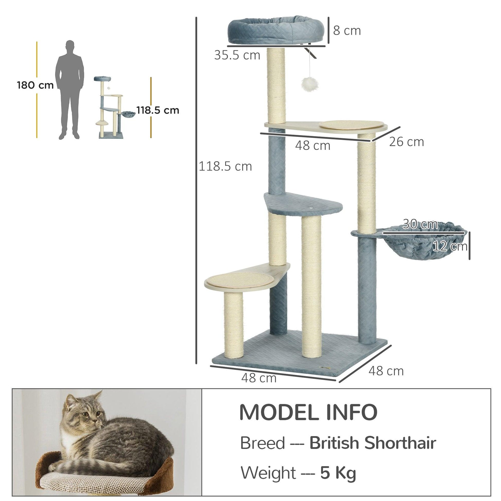 PawHut Wooden Cat Tree Climbing Tower with Scratching Post Hammock - Blue - ALL4U RETAILER LTD