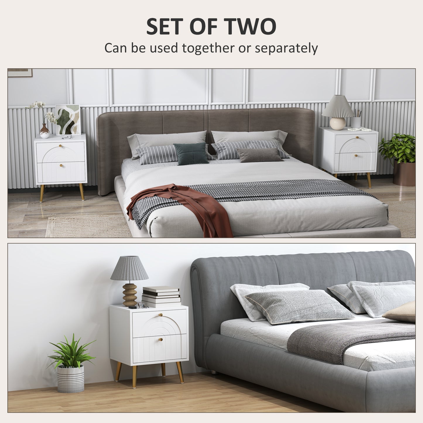 HOMCOM 2 Drawer Bedside Table Set of 2 White Nightstands With Gold Tone Pulls and Legs